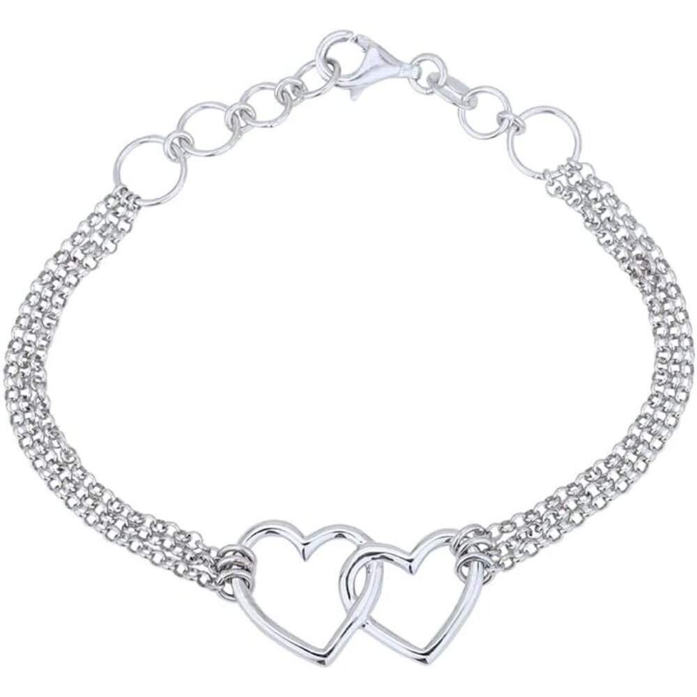 Sterling Silver Interlocked Double Heart Multi Chain Bracelet for Women, 6.5" +